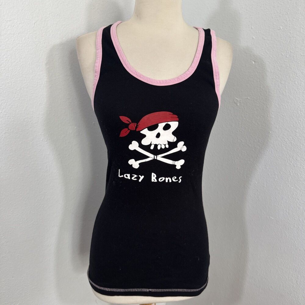Lazy One Tank Top Womens Large Black lazy bones Graphic Goth Ribbed Y2K 90s
